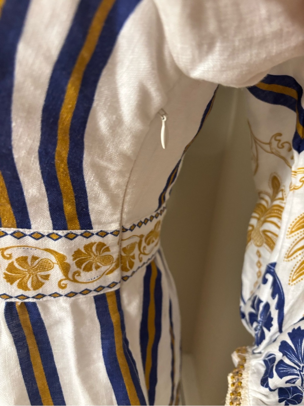 Farm Rio Pineapple Linen Midi Dress Blue Gold Embroidered Puff Sleeve Small NWT - Picture 5 of 14